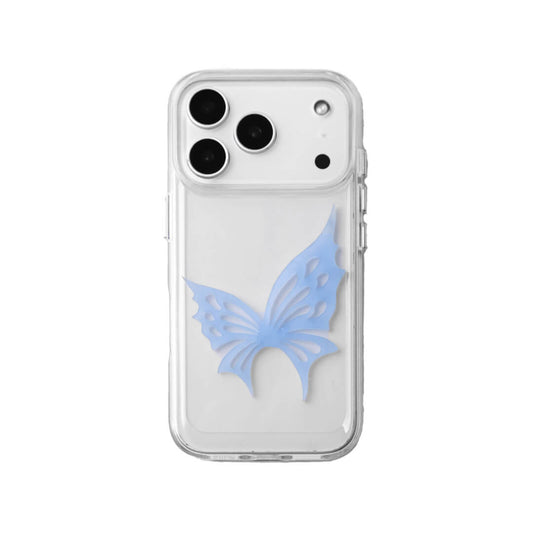 A luxury iPhone case featuring a large 3D acrylic butterfly ornament with delicate wing cutouts. Available in two translucent colors: Sakura Pink and Azure Blue. The butterfly is mounted on a Clear Transparent base, creating a romantic and ethereal floating effect.