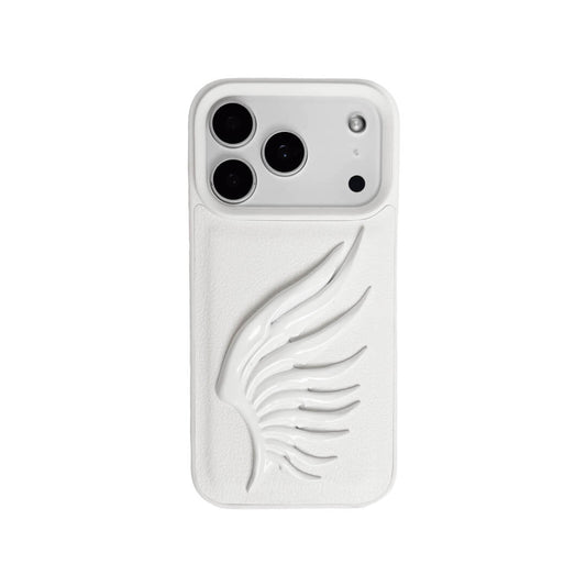 A 3D sculpted angel feather iPhone case featuring a raised flowing feather design, shown in both a transparent version and a white leather-textured version.