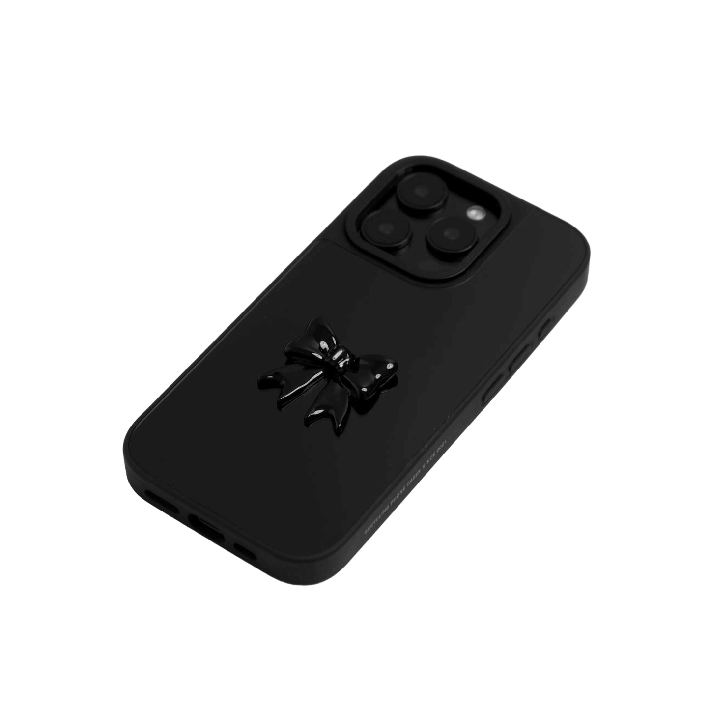 A collection of five clear or silver-based iPhone cases, each featuring a large, centered illustration of a stylized bow in a different color: silver, black, white, pink, and purple.