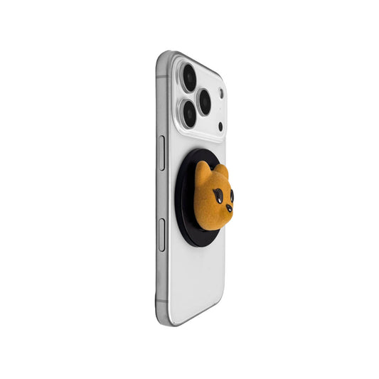 Bear Head iPhone Grip. A cute brown fluffy 3D bear head phone grip attached to the back of a white iPhone case.