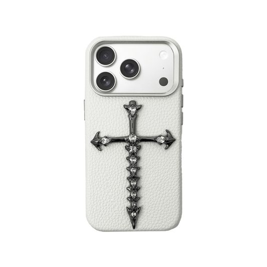 Luxury iPhone case featuring a 3D sculptural gunmetal black thorn cross on a premium white leather base, a bold gothic dark luxury accessory compatible with iPhone 14, 15, 16 and 17 series