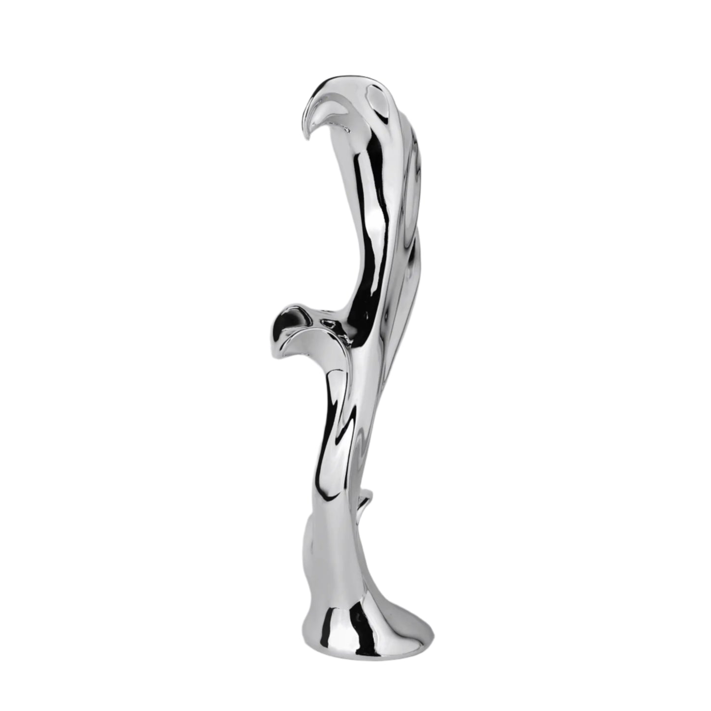 Sculptural silver vase with blooming lily design – tall, fluid chrome form evoking organic growth and contemporary floral elegance