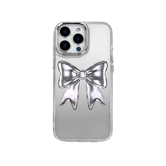 Silver Bow Charm iPhone Case with glossy metallic bow print  Pink Bow Charm iPhone Case featuring shiny bow print design