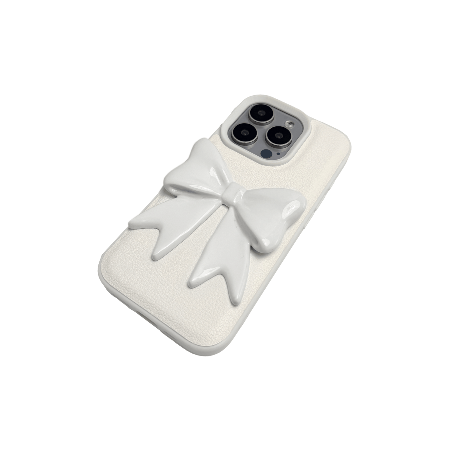 A pair of premium iPhone cases featuring a textured, high-quality leather finish. Each case has a large, centered 3D sculpted bow on the back. One case is Off-White leather with a matching bow, and the other is Black leather with a matching black bow.