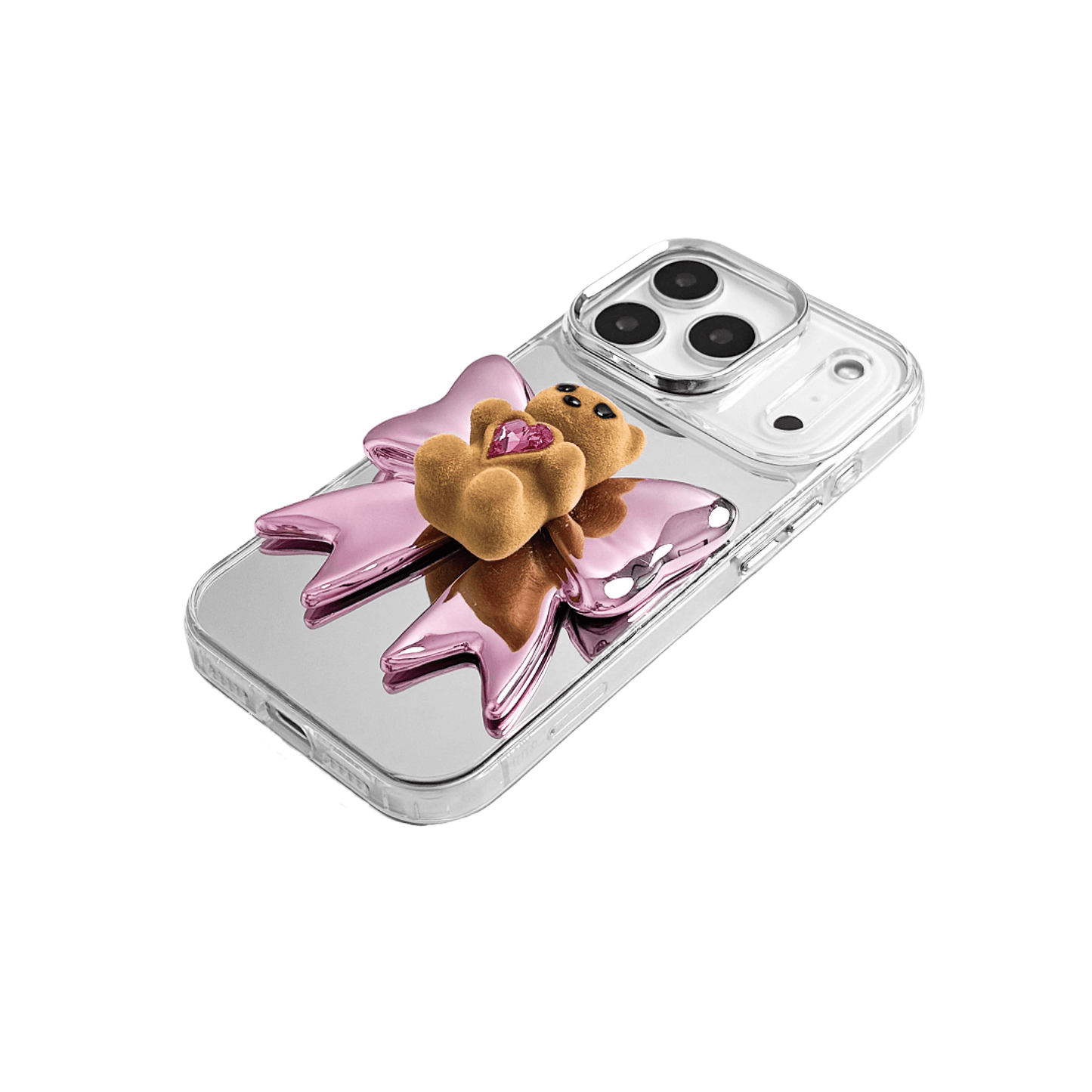 Bow Magic Bear iPhone Case - Pink Edition featuring a beige gummy bear holding a pink crystal heart, set against a metallic pink bow design.