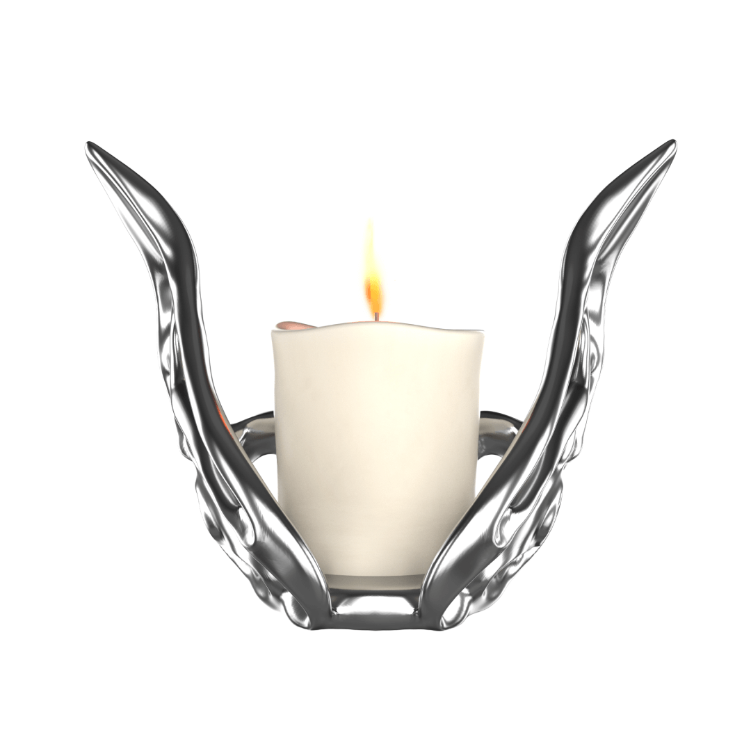 Futuristic chrome butterfly candle holder with wing-inspired curved frame – sculptural metallic design encasing a pillar candle