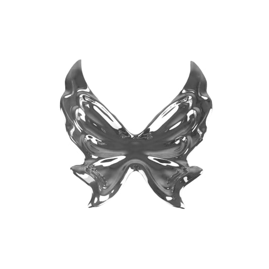 Futuristic chrome butterfly sculpture with fluid 3D wings – minimalist metal art piece featuring mirror-like surface and organic totemic form