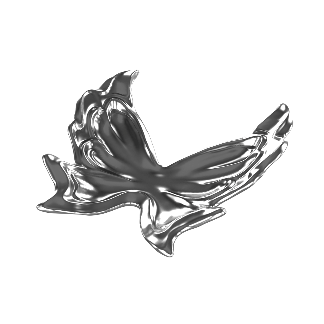 Futuristic chrome butterfly sculpture with fluid 3D wings – minimalist metal art piece featuring mirror-like surface and organic totemic form