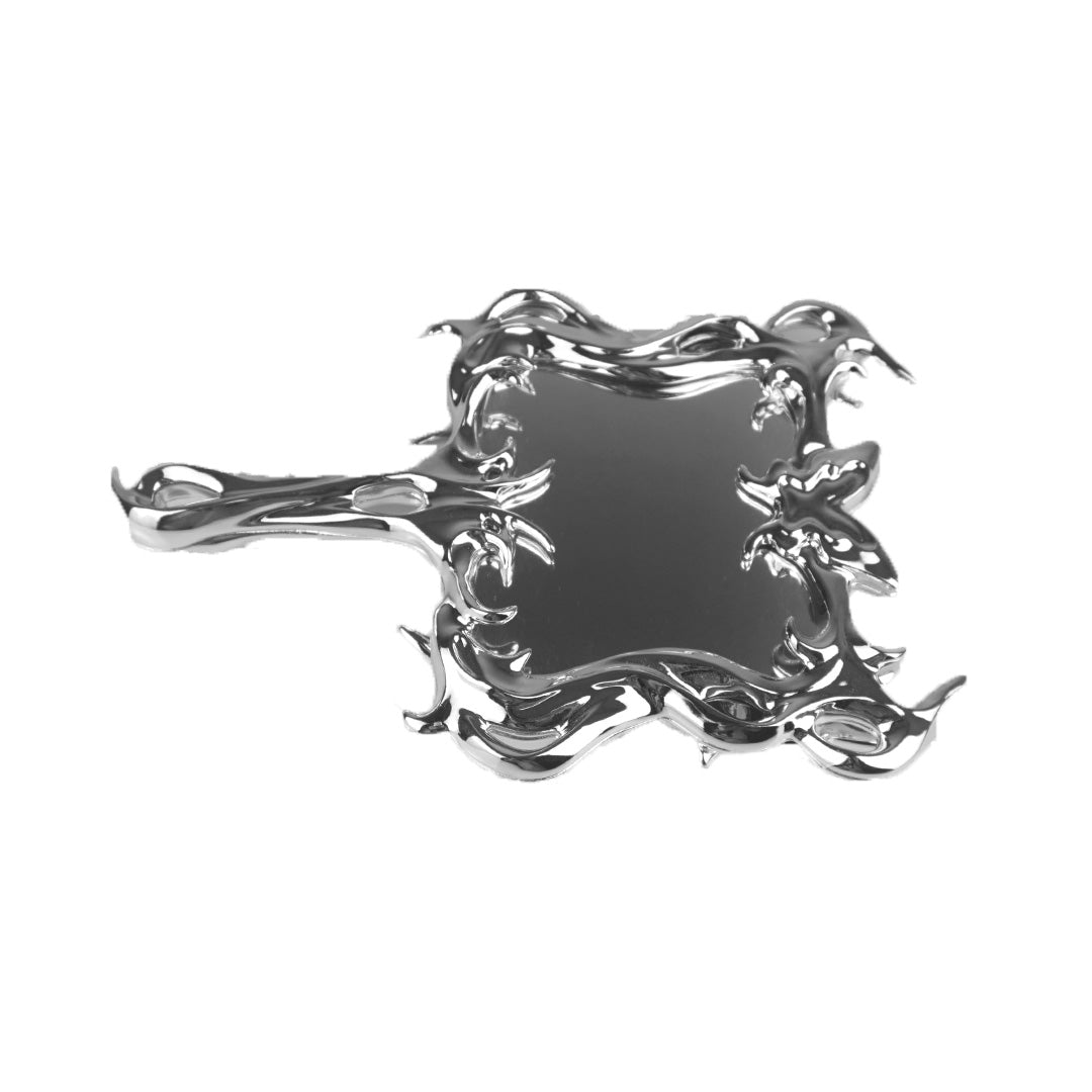 Futuristic chrome hand mirror with 3D sculptural butterfly design – metallic hollow totem-style frame