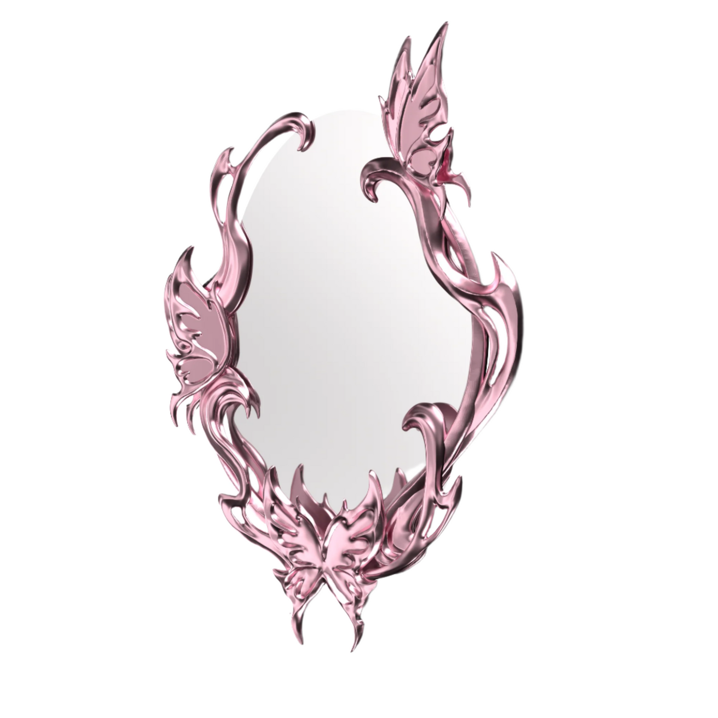 Silver and pink sculptural mirror with three butterfly motifs and flowing vine-like frame, designed in an abstract, molten aesthetic.