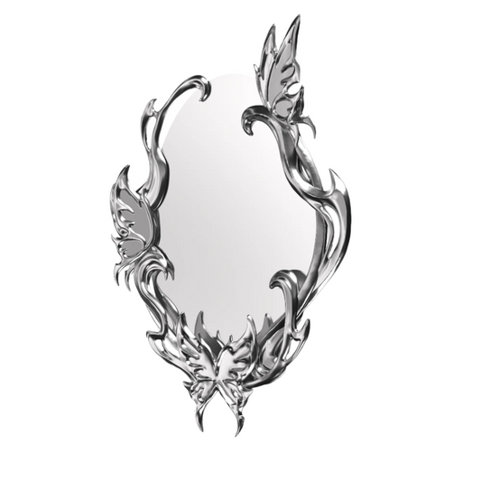 Silver and pink sculptural mirror with three butterfly motifs and flowing vine-like frame, designed in an abstract, molten aesthetic.