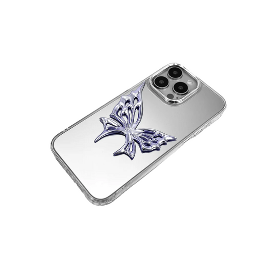 Clear iPhone case with raised 3D metallic butterfly design – iridescent chrome finish in mirror-light style