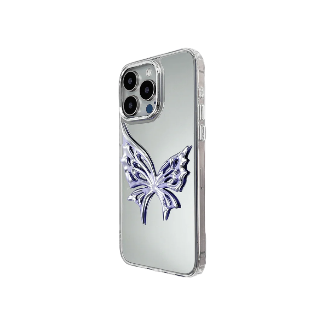 Clear iPhone case with raised 3D metallic butterfly design – iridescent chrome finish in mirror-light style