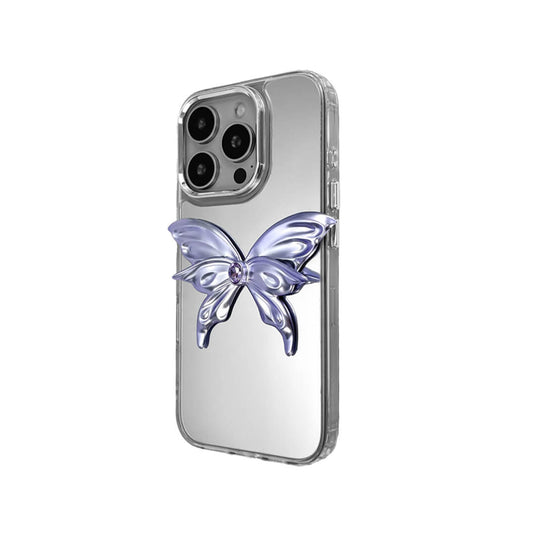 Clear iPhone case with small purple chrome butterfly – reflective 3D mirror finish and futuristic sculptural wings