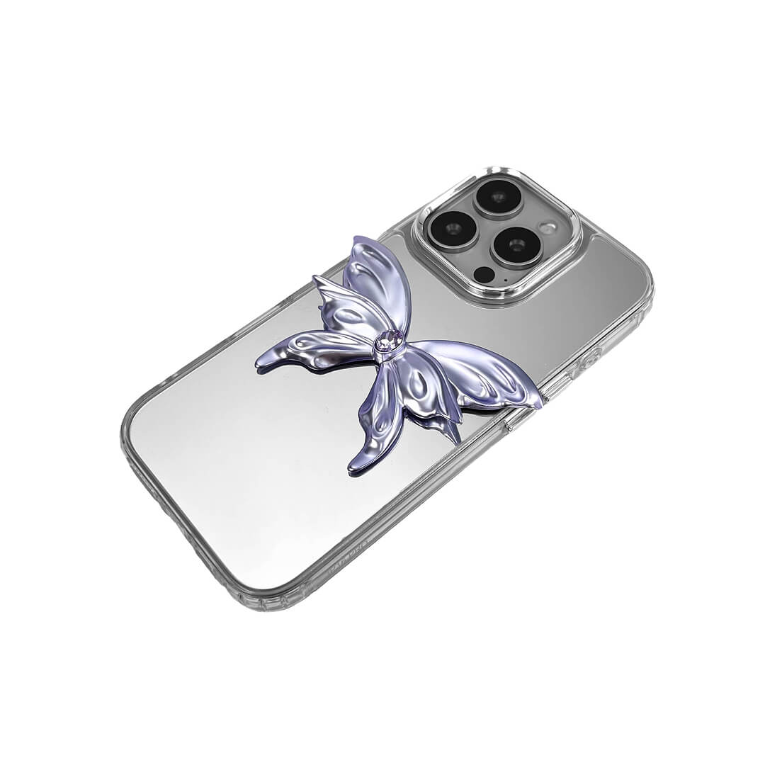Clear iPhone case with small purple chrome butterfly – reflective 3D mirror finish and futuristic sculptural wings