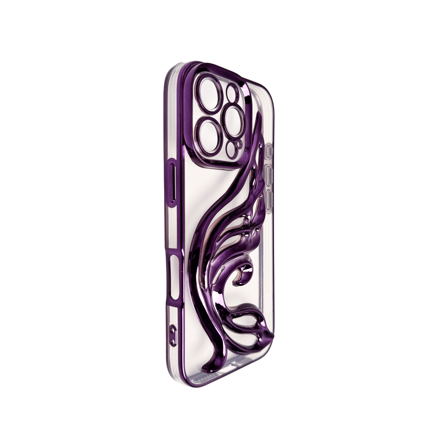 Celestial Wing iPhone Case in metallic finish, designed with a sculptural wing motif. Available in pink, silver, gold, purple, and black, exclusively for iPhone 16 Pro.