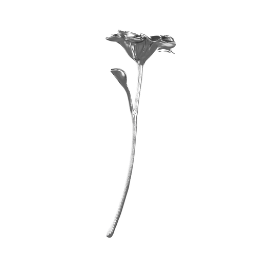 Futuristic chrome flower sculpture with fluid 3D petals – metallic botanical design in minimalist stem form