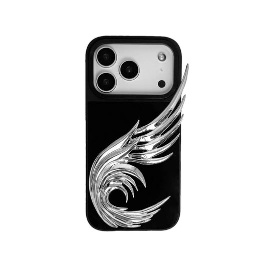 The Curl Silver Angel Wing iPhone Case featuring a 3D sculpted silver metallic wing with a unique upward-curled silhouette and high-shine chrome finish. Shown in three base variations: Silver, Transparent, and Black.