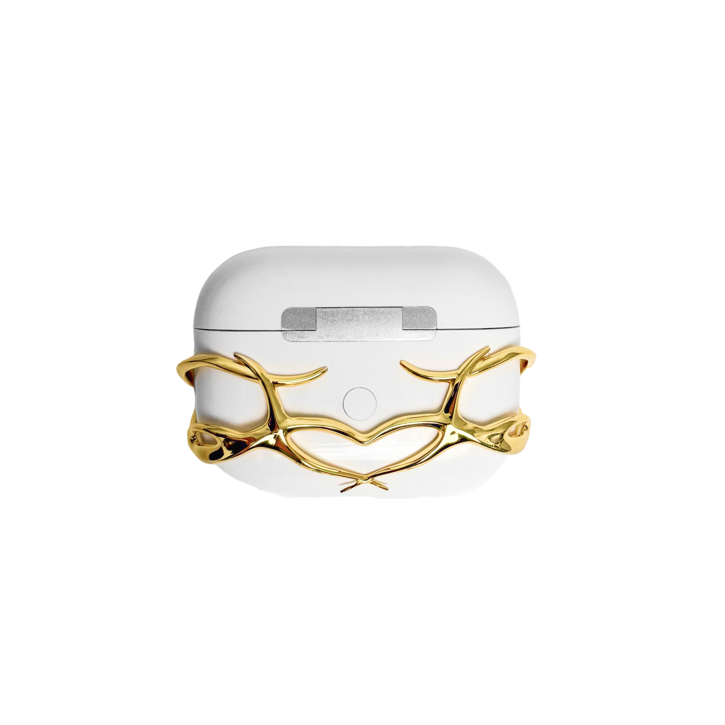 The XTENDED iDENTiTY "Cyber Spine" AirPods Cover, a collection showcasing a fluid, biomechanical exoskeleton structure that fully encases the AirPods case. Available finishes include Shadow Black, Liquid Silver, and Molten Gold, all emphasizing the sculpted, spinal-like, protective armor design.