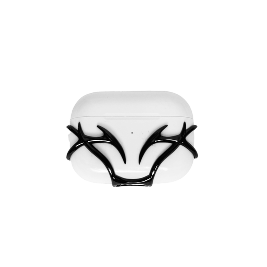 The XTENDED iDENTiTY Cyber Thorn AirPods Cover, a collection showcasing a fractal-like, aggressive metallic exoskeleton structure that fully encases the AirPods case. Available finishes include Shadow Black, Liquid Silver, and Molten Gold, all emphasizing the sharp, futuristic, protective armor design.