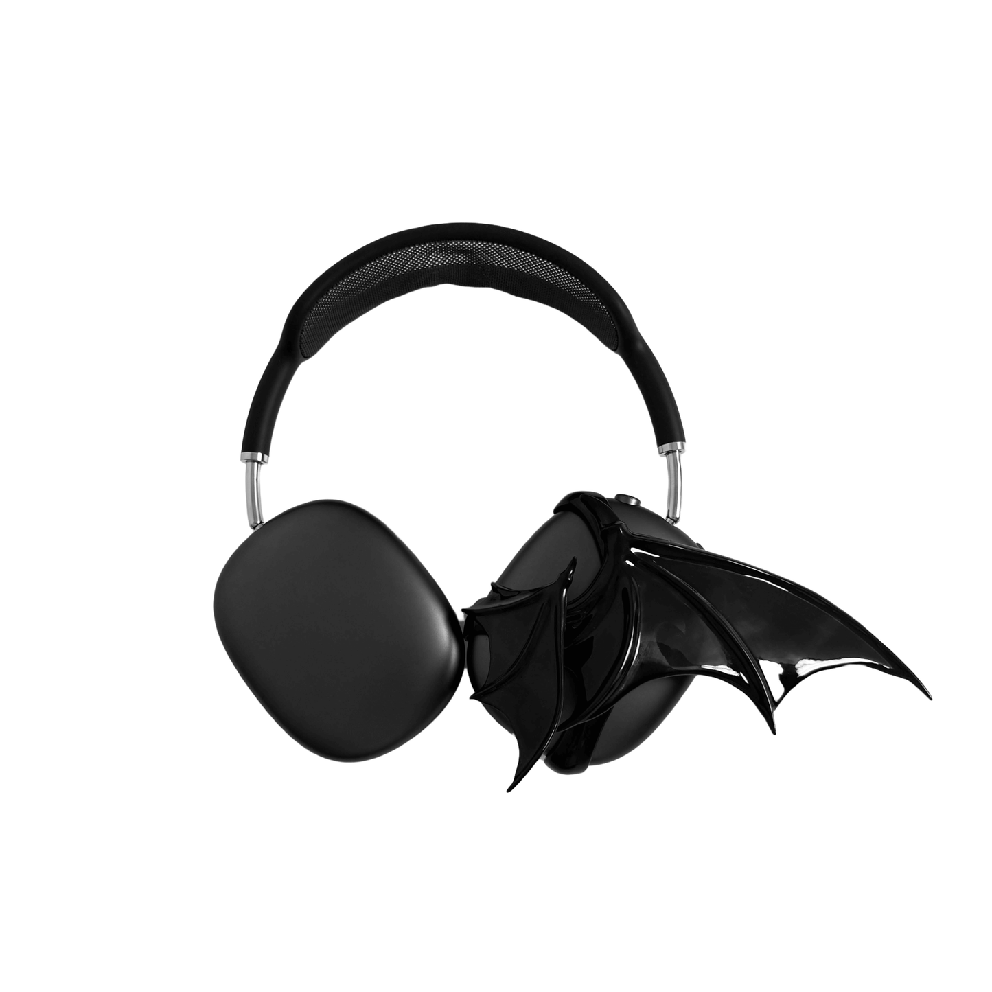 A high-fashion 3D attachment for AirPods Max headphones featuring sharp, sculpted demon wings. Available in two finishes: a high-shine Reflective Silver Chrome and a sleek Obsidian Black. The design is shown as both a single asymmetrical attachment and a symmetrical pair wrapping around the headphone ear cups.