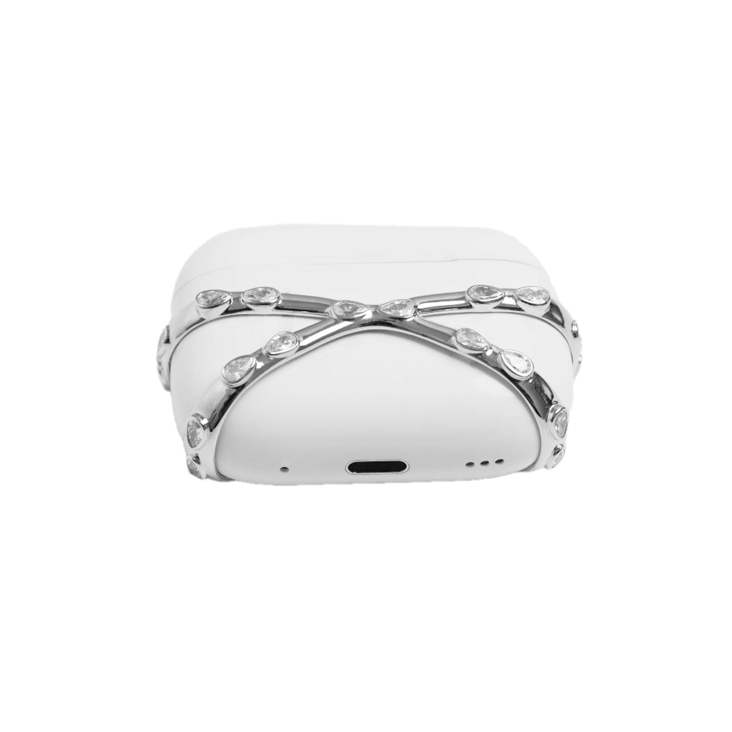 A minimalist, luxury AirPods cover featuring a crisscross metallic frame encrusted with small white crystals. The design is shown in a reflective Silver Chrome finish, wrapping around the white AirPods case, compatible with AirPods 4 and Pro models.