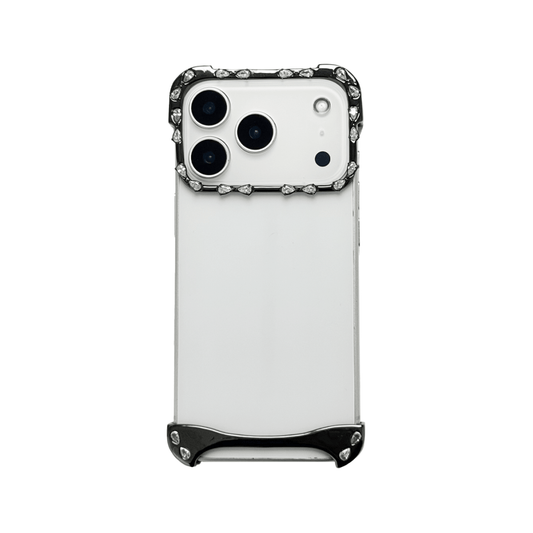 iPhone case with segmented silver chrome frame and embedded crystal studs, creating a minimalist, jewelry-inspired protective design.