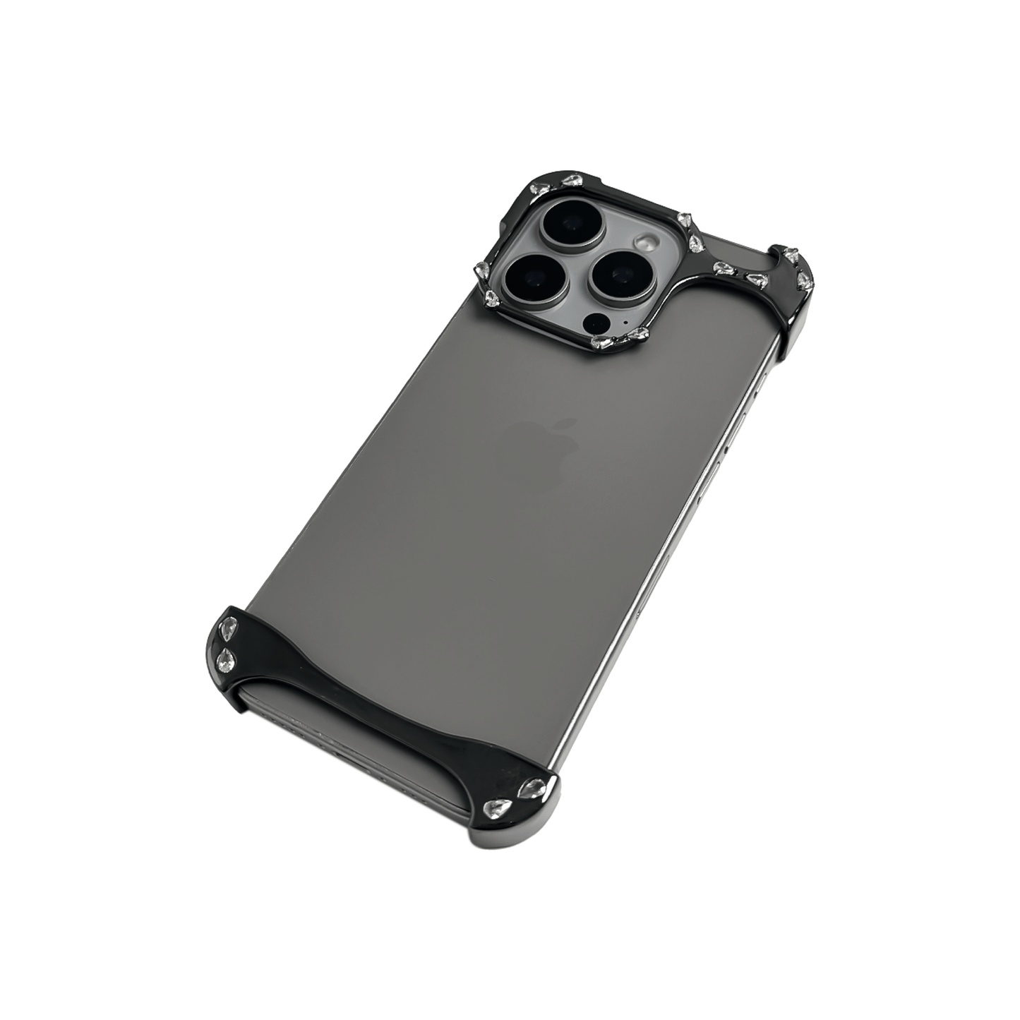 iPhone case with segmented silver chrome frame and embedded crystal studs, creating a minimalist, jewelry-inspired protective design.