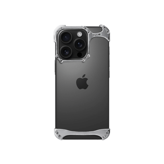 iPhone case with segmented silver chrome frame and embedded crystal studs, creating a minimalist, jewelry-inspired protective design.