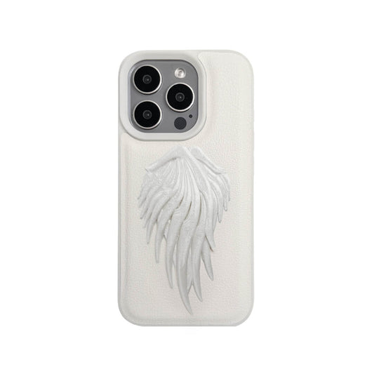 The Embroidered Double Wings iPhone Case featuring symmetrical white feathered wing embroidery and a shimmering central accent, shown on both the Crystal Clear (Transparent) and White Leather Texture base options.