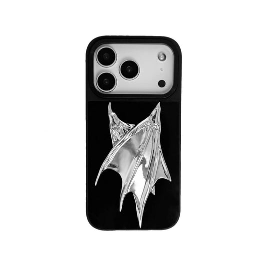 The Double Silver Demon Wings iPhone Case featuring symmetrical, sharp 3D sculpted silver metallic wings with a high-shine chrome finish. Shown in three base variations: Silver, Transparent, and Black.