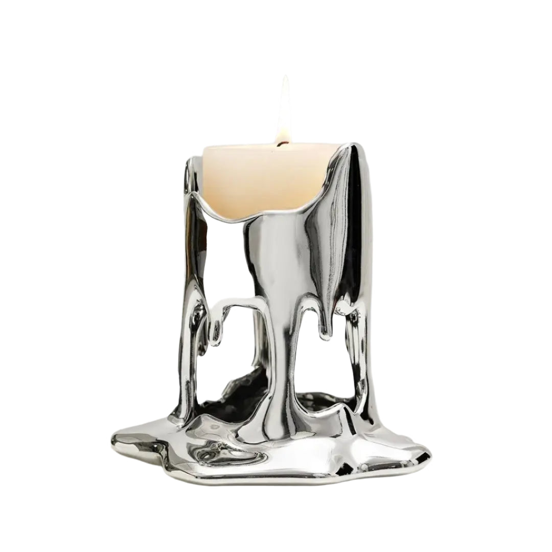 溶けたキャンドルホルダー | モダンなドリップ効果のあるシルバー