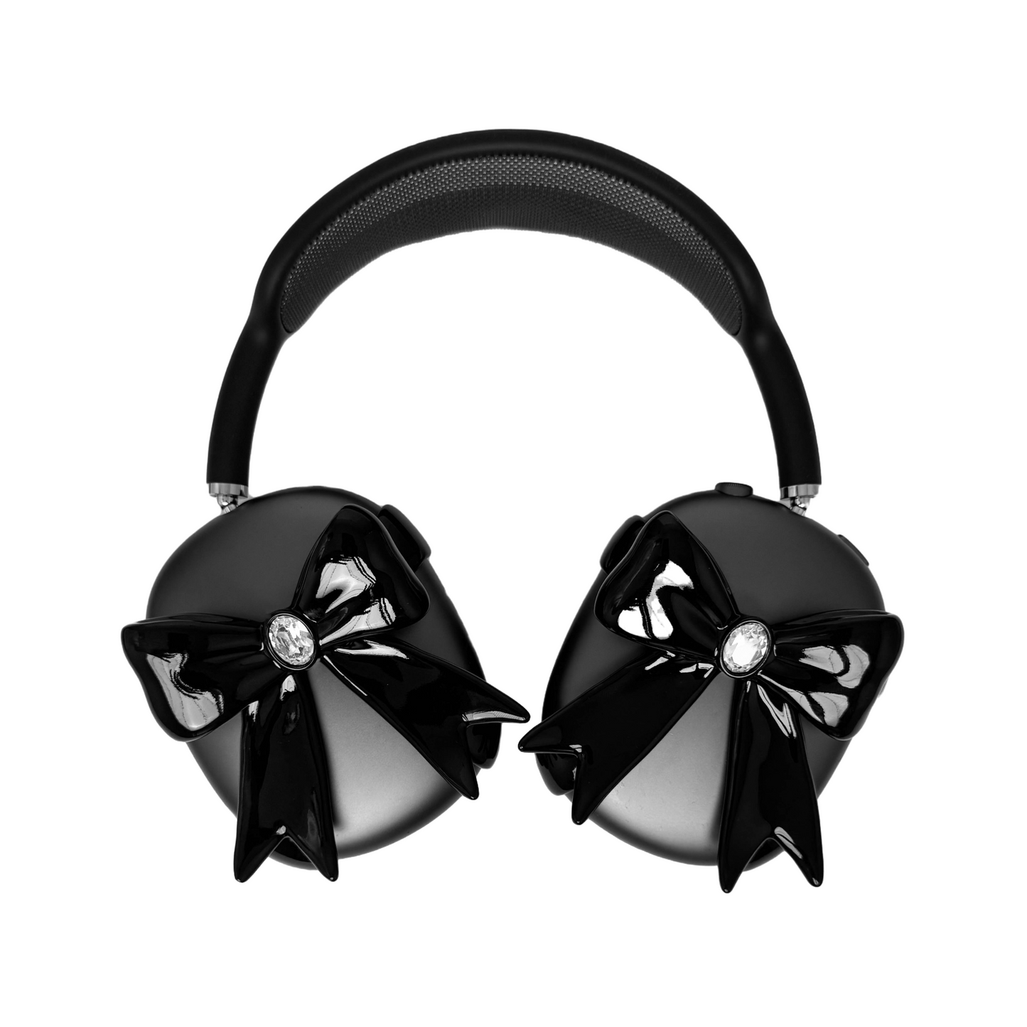 Black & White GEM Ribbon AirPods Max Cover with customizable gemstones in pink, black, and white, featuring an elegant bow-inspired design made from eco-friendly SLA, perfectly compatible with AirPods Max.