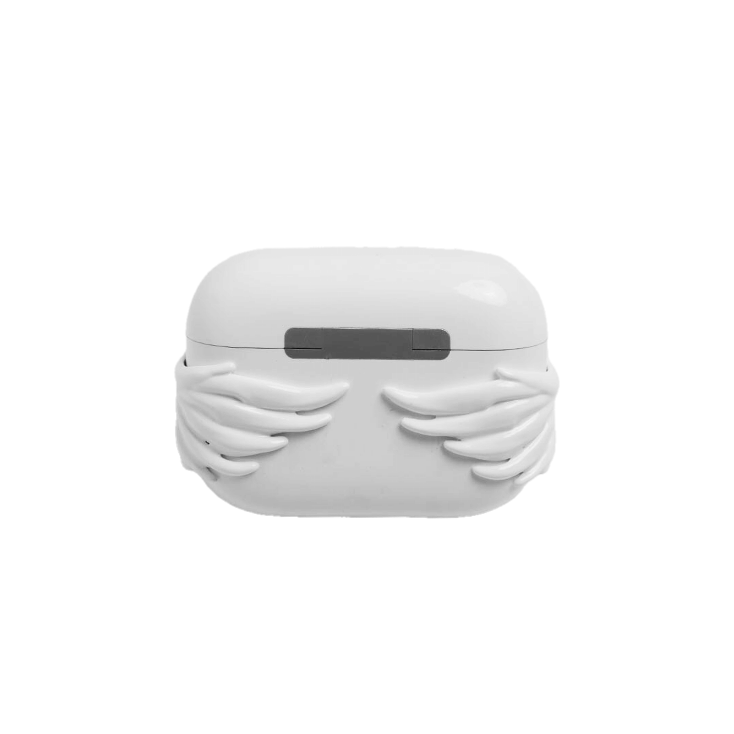 A premium protective cover for AirPods featuring 3D sculpted angel wings with intricate feather details and a central white Swarovski crystal. Available in two finishes: a high-shine Reflective Silver and a pure Ethereal White, compatible with AirPods 4 and AirPods Pro models.