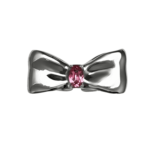 Elegant bow-shaped ring in silver and black with a pink Swarovski crystal at the center.