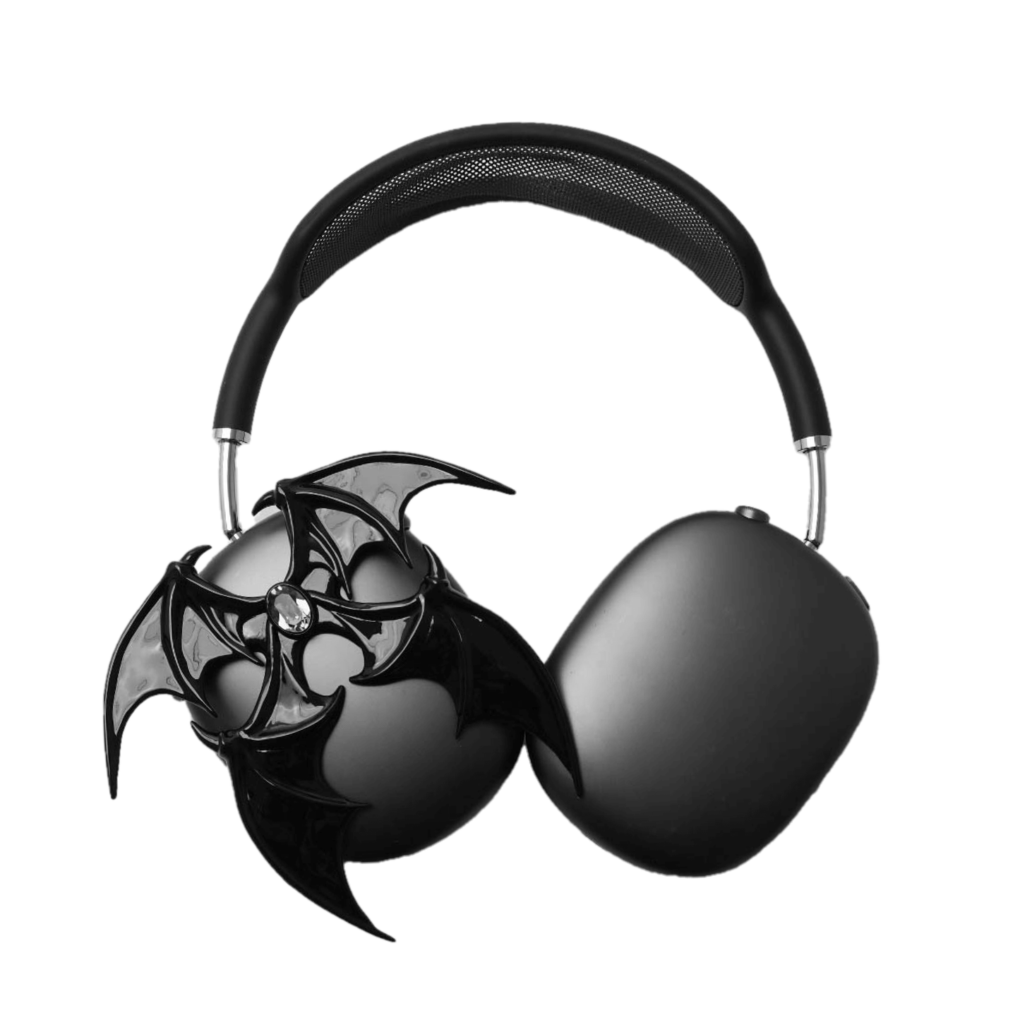 A high-fashion 3D attachment for AirPods Max featuring sharp, layered demon/bat wings with a central black Swarovski crystal on each ear cup. Available in two finishes: Reflective Silver Chrome and Sleek Nocturnal Black, shown in both single and pair configurations.