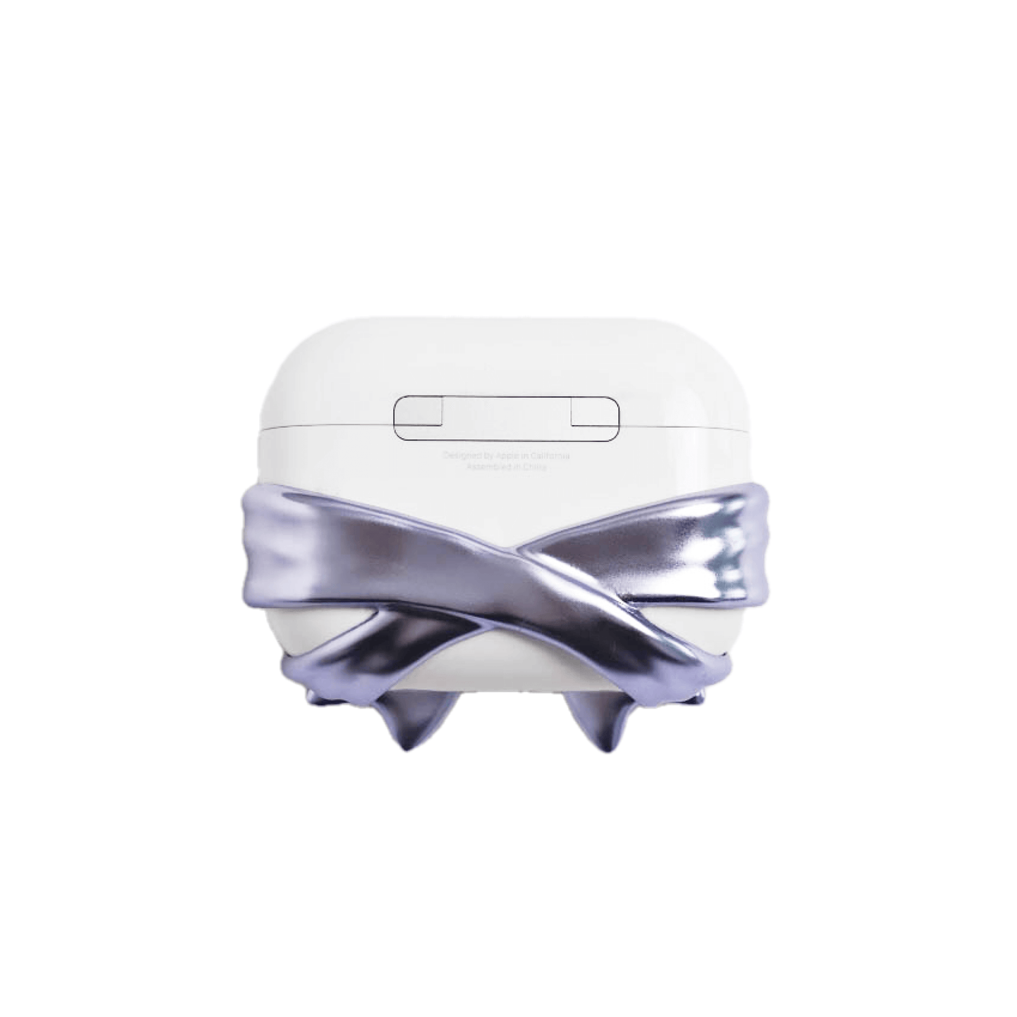 PURPLE GEM BOW AIRPODS COVER LIMITED. White AirPods case wrapped with a 3D metallic-look violet bow featuring a central purple gem.