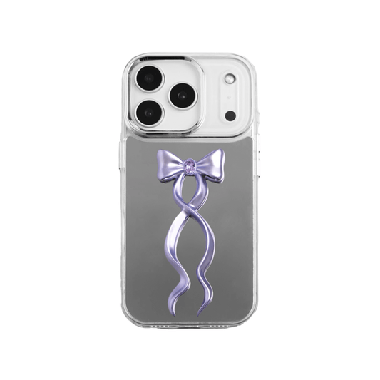 Collection of five Gem Ribbon iPhone Case XS designs, showing clear cases with 3D metallic ribbons in silver, black, white, pink, and purple.