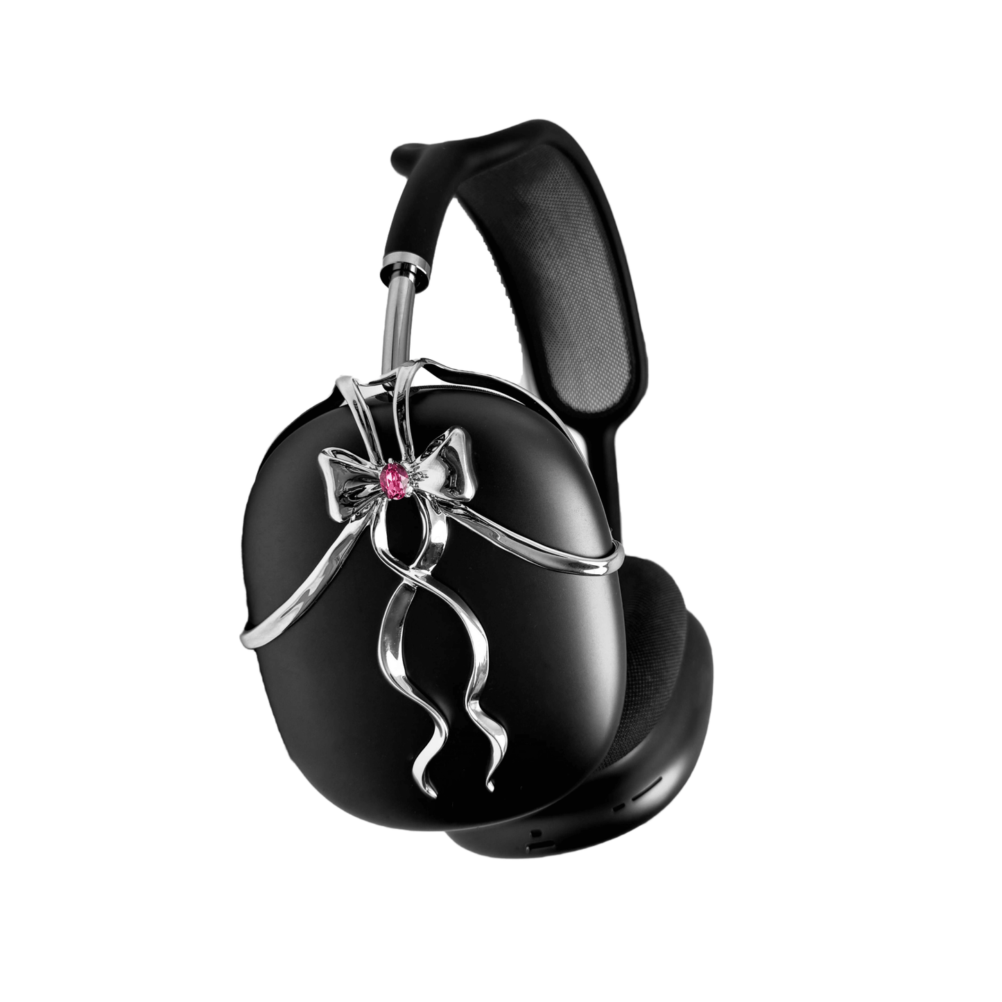 AirPods Max cover with sculpted metallic black/silver shells, adorned with a flowing 3D ribbon design and highlighted by a shimmering Pink Gem (Swarovski Crystal), creating a luxurious, statement look.