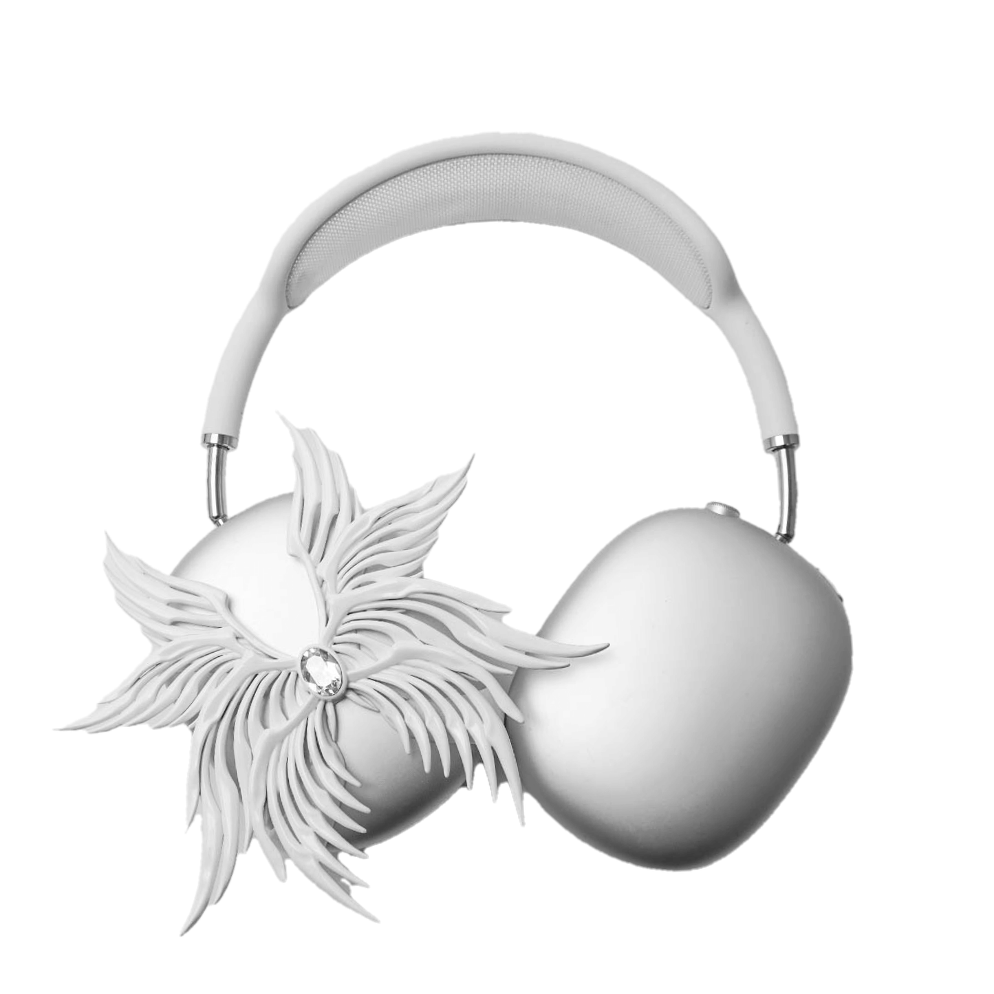 A high-fashion 3D attachment for AirPods Max headphones featuring layered, symmetrical Seraphim angel wings with a central white Swarovski crystal on each ear cup. Shown in two finish options: Reflective Silver Chrome and Matte Ethereal White.