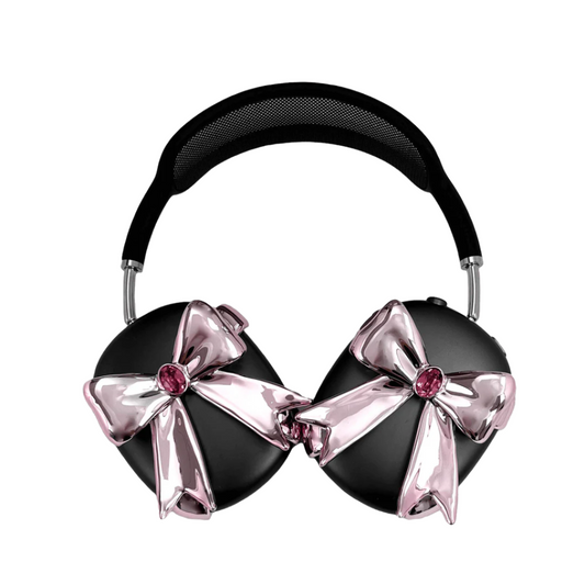 Glossy lilac AirPods Max cover with sculptural silver ribbon and gem detail – futuristic feminine tech accessory