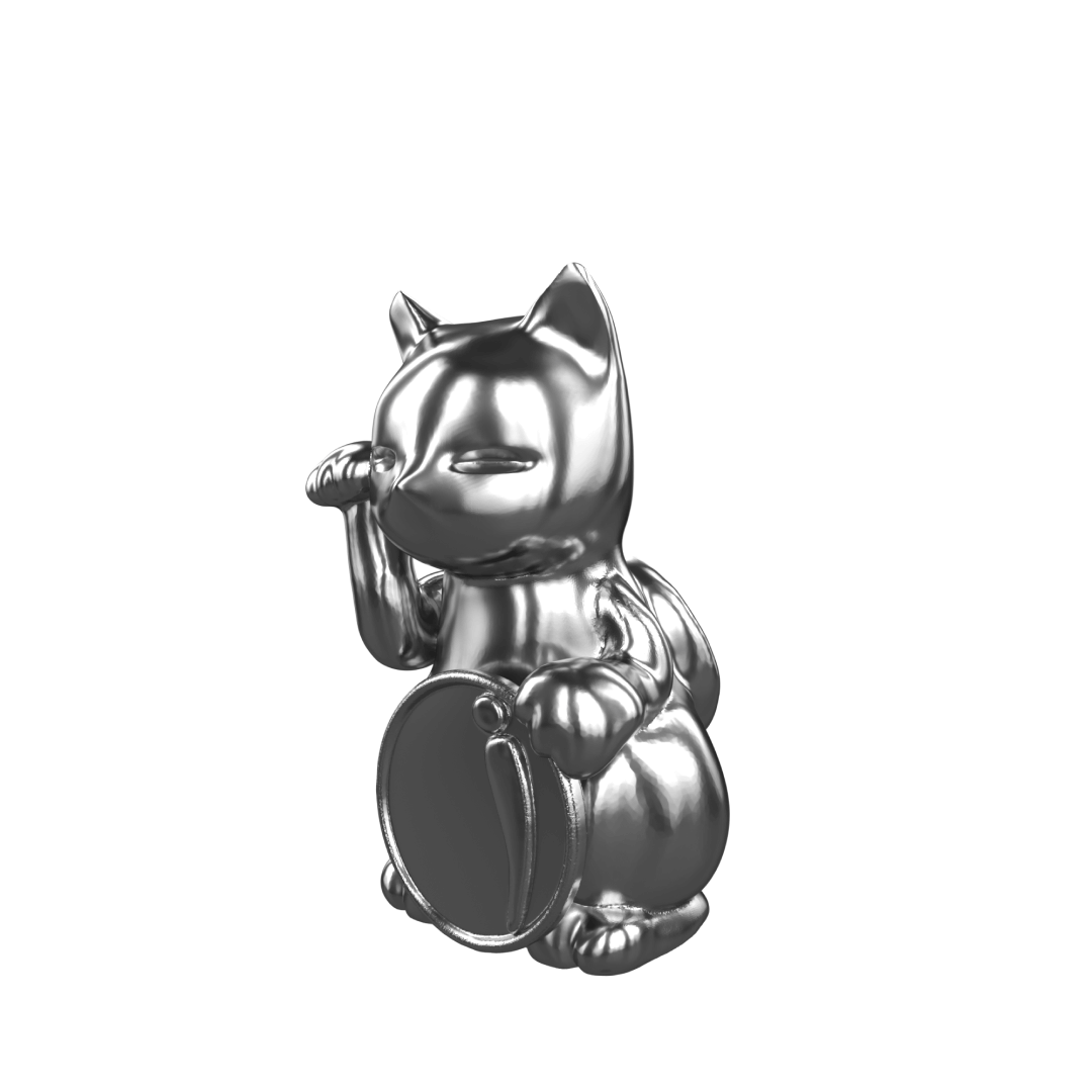 Futuristic chrome Maneki-neko sculpture – reflective silver lucky cat figure with raised paw and coin, blending traditional symbolism with modern minimalist form
