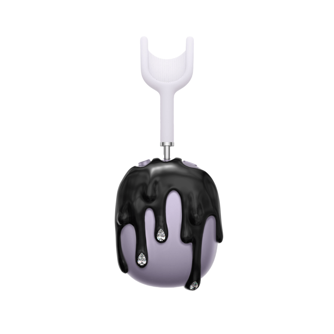 Front-facing view of MELTED AirPods Max Covers in black and silver, featuring a chrome drip design embedded with diamond-like crystals.