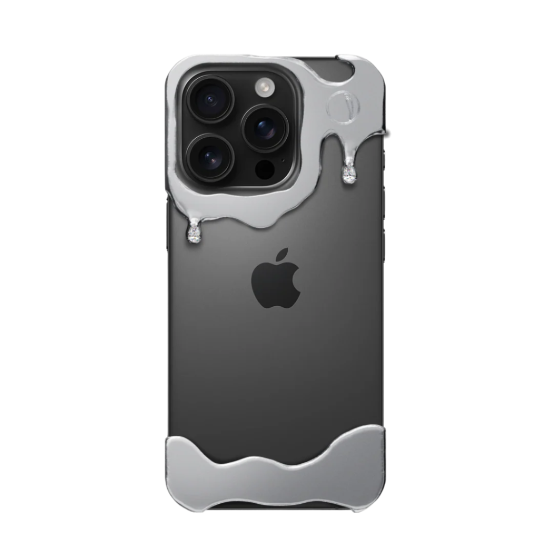 Liquid metal drip iPhone case with chrome finish – futuristic melting design for iPhone 15 pro, 15 pro max, 16 pro and 16 pro max
