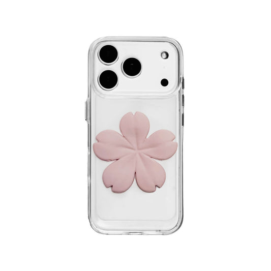 Matte Sakura iPhone Case collection showing three variants: Clear Case with Romantic Pink 3D Sakura, White Lychee Leather Case with Pure White 3D Sakura, and Clear Case with Blush Pink 3D Sakura. All feature the exclusive 3D printed floral relief design.