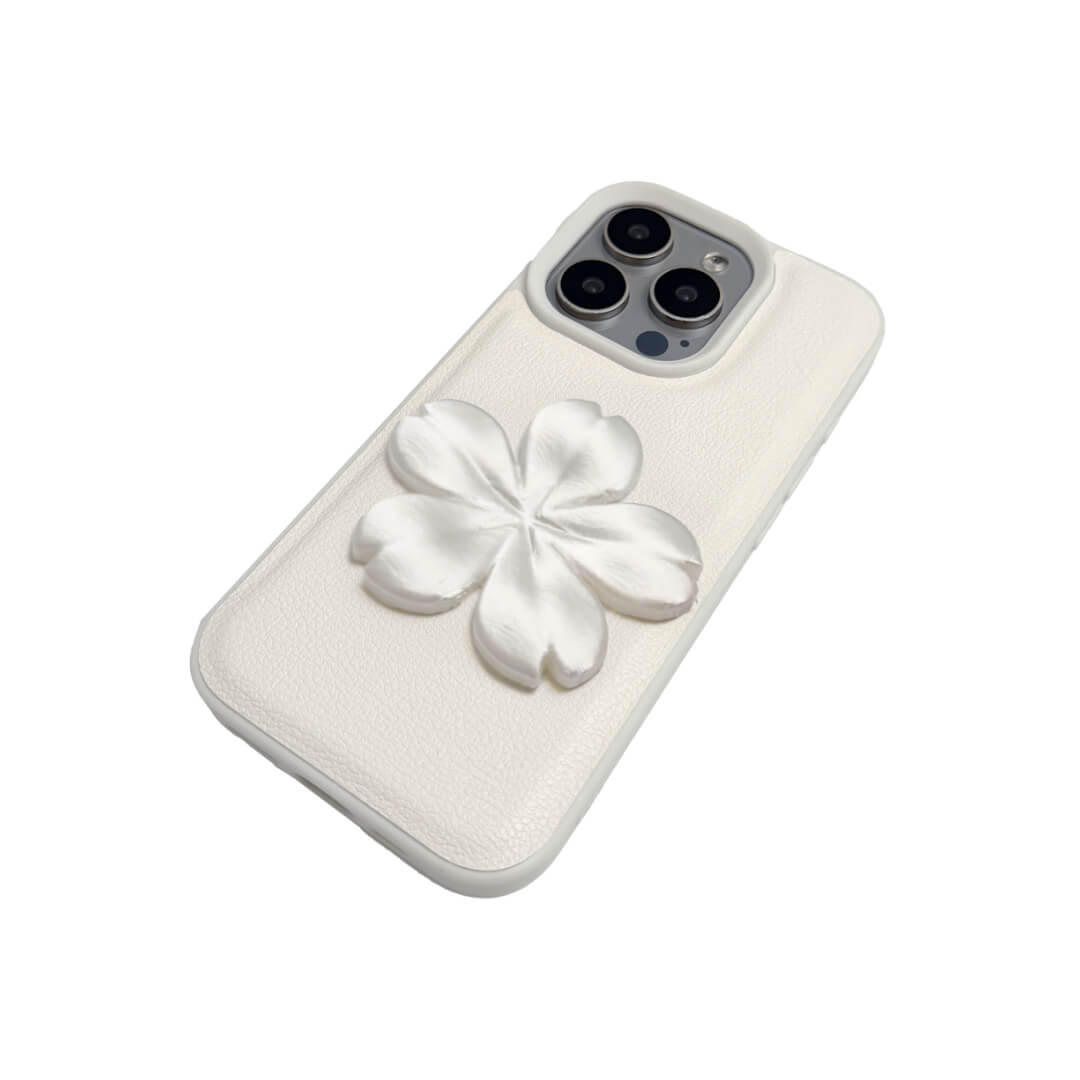 Matte Sakura iPhone Case collection showing three variants: Clear Case with Romantic Pink 3D Sakura, White Lychee Leather Case with Pure White 3D Sakura, and Clear Case with Blush Pink 3D Sakura. All feature the exclusive 3D printed floral relief design.