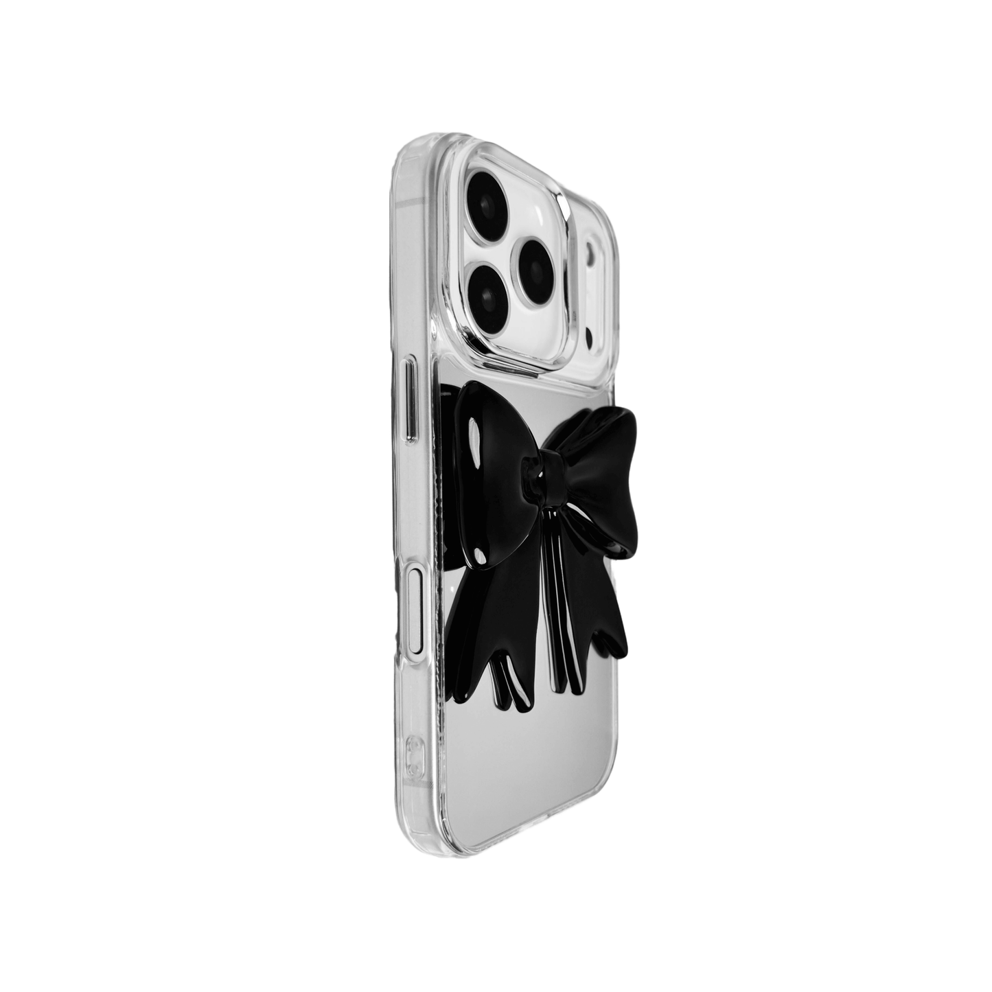 Monochrome Bow iPhone Case in black and white, featuring a glossy 3D bow design on a clear base.