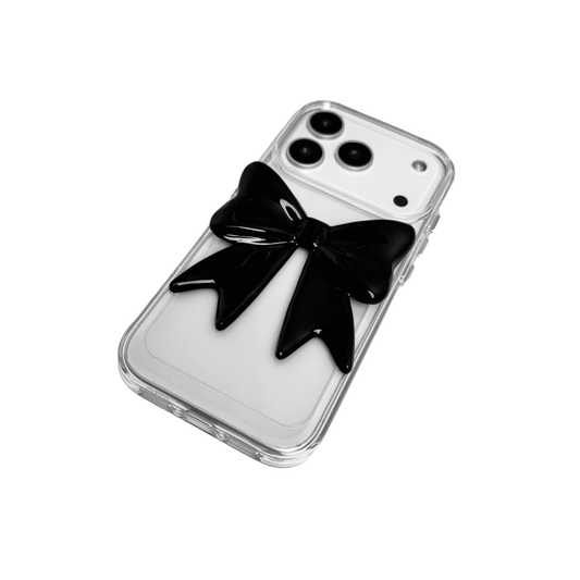 Monochrome Bow iPhone Case in black and white, featuring a glossy 3D bow design on a clear base.