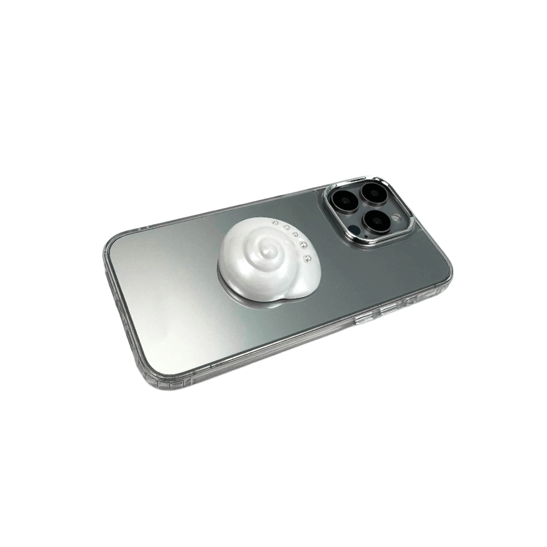 3D silver spiral seashell design centered on matte iPhone case, embedded with spherical accents.