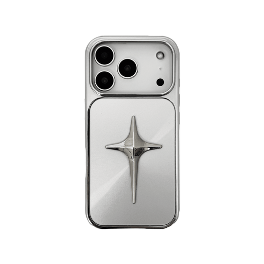 Sleek black or silver iPhone case featuring a raised, metallic 3D star motif in the center, minimalist design, futuristic aesthetic